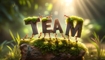 Wall Mural - a group of ants working together to lift and hold up large wooden letters spelling out 