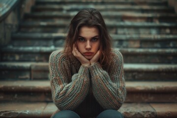 Despair Female. Lonely Woman Sitting on Urban Steps Expressing Sorrow and Unhappiness