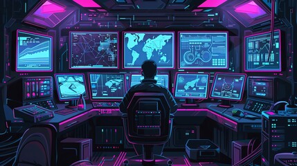 a cyberpunk man sitting at the control panel of an advanced battleship, surrounded by multiple monit