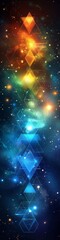 Wall Mural - an abstract geometric backdrop in mainly blue and green with neon colors.