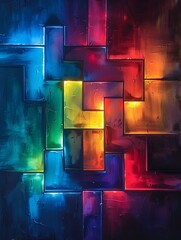 Wall Mural - An abstract geometric backdrop in mainly blue and green with neon colors. 