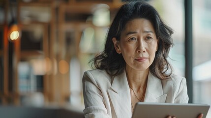 Wall Mural - A Professional Asian Aged Businesswoman Uses A Tablet While Leaning On A Table, Immersed In Her Work With Focus And Determination, High Quality