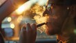 © somneuk - Man driving smoking electronic cigarette. panoramic banner