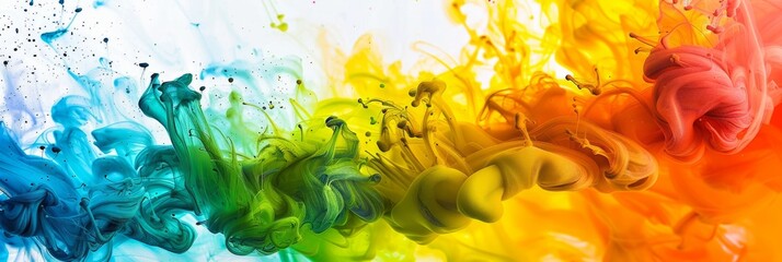 Wall Mural - Color liquid ink splash abstract background rainbow art. Rainbow splash collage mix flow drip. Fluid wave color yellow, red, green, blue. Liquid ink palette motion
