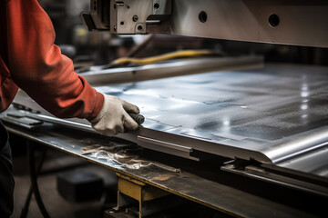 Worker works with metal profile at factory production AI Generative