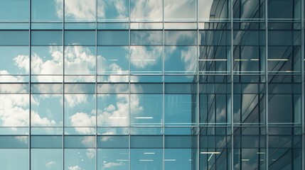 A reflective glass windows of office building, A building glass window with a view of a city skyline