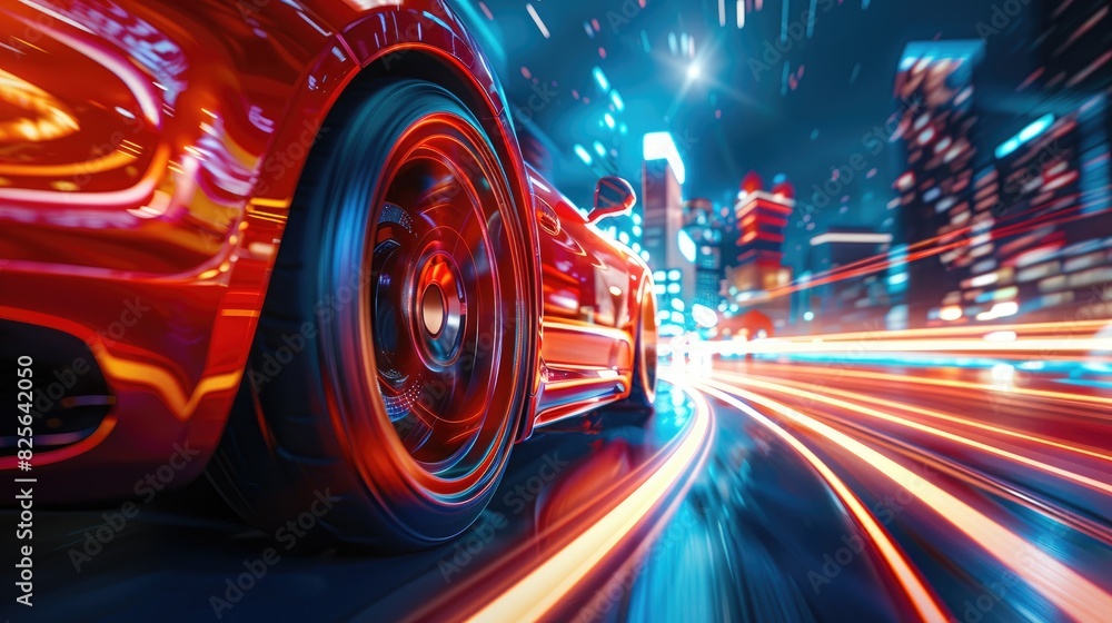 Dynamic low angle shot of a car wheel in motion with a futuristic city ...