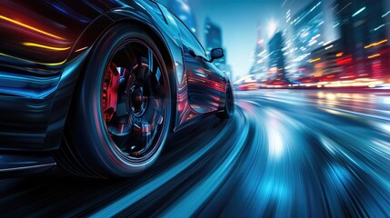 Dynamic low angle shot of a car wheel in motion with a futuristic city skyline and streaks of light creating a sense of speed and innovation