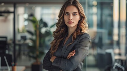 Wall Mural - A Confident Young Businesswoman Stands In The Office With Arms Crossed, Projecting Assertiveness And Determination, High Quality