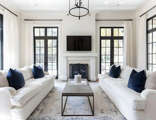 A bright and airy living room with two white sofas