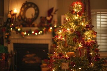 Sticker - Warm and inviting Christmas living room scene with a beautifully decorated tree and glowing fireplace.