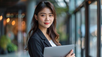 Wall Mural - A Photo Features A Young Asian Businesswoman Holding A Laptop, Highlighting Her Role In The Professional Environment, High Quality