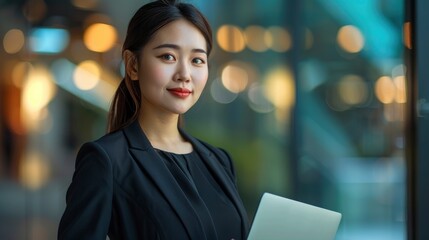 Wall Mural - A Photo Features A Young Asian Businesswoman Holding A Laptop, Highlighting Her Role In The Professional Environment, High Quality
