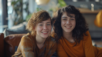 Wall Mural - Two teenage girlfriends. Two sisters are sitting on the couch in the room. Two young women are smiling and posing for a photo