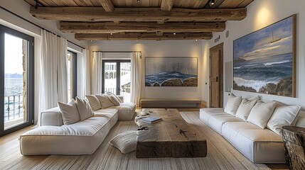 Wall Mural - Spacious living room with modern furniture and wood beams on ceiling - Generative AI 8k image