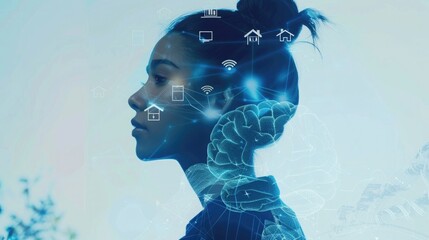Canvas Print - Double exposure of woman and smart home technology icons, Woman portrait
