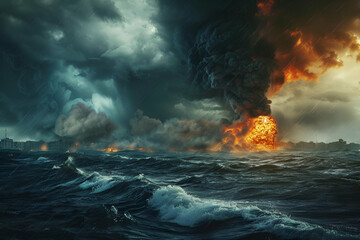 Poster - Massive firestorm over the ocean with dark smoke clouds, illustrating the catastrophic impact of natural disasters. For educational, environmental awareness, and emergency response materials.