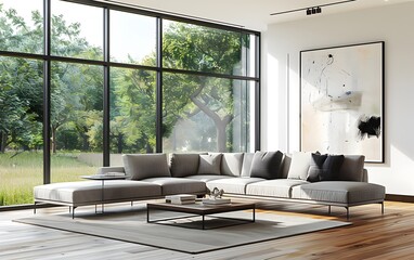 A modern living room with large windows