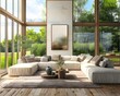 © Malik - A modern living room with large windows and wooden floors