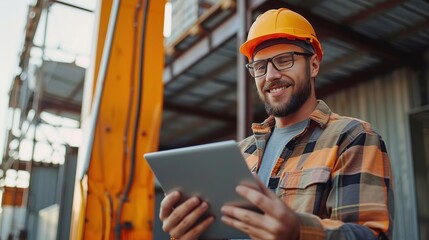 Construction worker, tablet and portrait of man with research and digital data for solar panel installation. Happy, engineer and male contractor with eco and energy project with tech and online plan