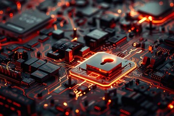 Wall Mural - Closeup of a 3D chip on a security board, showcasing cutting-edge digital technology. Perfect for illustrating concepts in cybersecurity, tech innovation, and modern electronics.