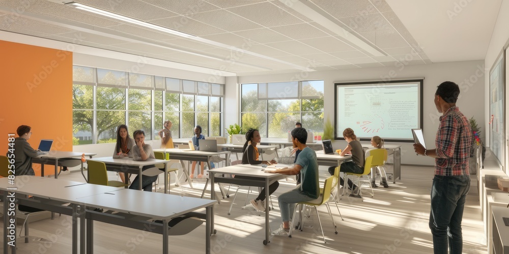 Portrait of teacher teaching about AI at digital classroom ...