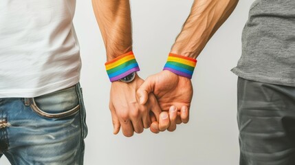 Two men holding hands with rainbow bracelets on their wrists, lgbt support concept