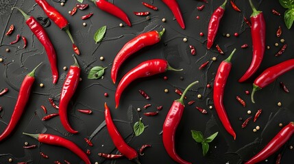 Wall Mural - A close up of red peppers and green leaves