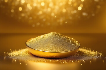 Gold dust in a bowl on a golden background. Creative background of gold products and jewelry. The concept of gifts and holidays on the background of confetti and glitter