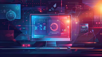 computer with software system update and development concept, vector flat design illustration
