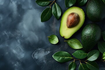 Wall Mural - Fresh ripe avocado on a dark background, top view