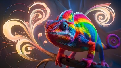 Wall Mural - Rainbow Colour Chameleon closeup at paint splash background ,Chameleon Sitting ,nature ,reptile ,lizard ,dragon , animal ,green , branch ,illustration .