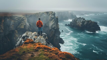 Hiking adventure along a coastal cliff, dramatic ocean views, hiker standing at the edge, wind blowing, wild and untamed landscape, highresolution adventure photography, Close up