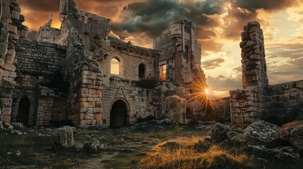 Historical landmark of an ancient castle, towering stone walls, dramatic sunset lighting, rich history and grandeur, highresolution architectural photography, Close up