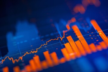 Wall Mural - Stock market chart, numbers and orange upward line, blue background