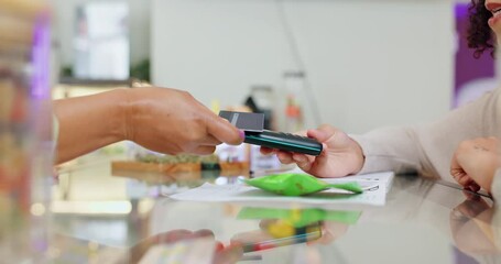 Wall Mural - People, hands and credit card, tap and payment on wireless digital machine in store. Cannabis, cashier and customer for transaction, purchase and connection with technology after shopping or checkout