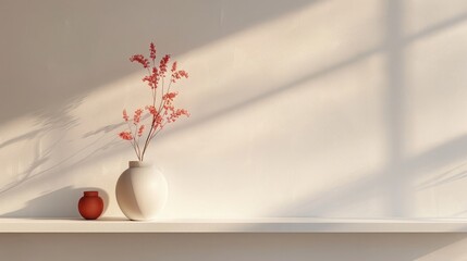 Wall Mural - Minimalist plain white wall with shelf and vase, warm coral color, sun rays