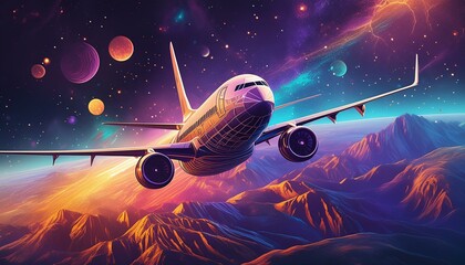 Poster - AI generated illustration of Aircraft flying above mountains and planets