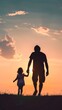 © Palung - silhouette father with little daughter walk at sunset. father's day background concept