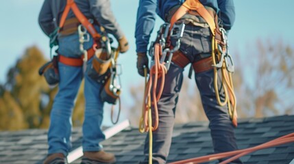 Two workers wearing harnesses and safety ropes work together on a rooftop ensuring safety while completing repair work.