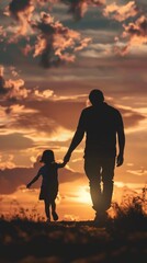 Canvas Print - silhouette father with little daughter walk at sunset. father's day background concept