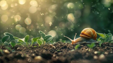 Wall Mural - Blurry snail on the soil