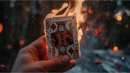 a dramatic moment where Queen of Hearts, is held up between two fingers and is on fire at the top corner