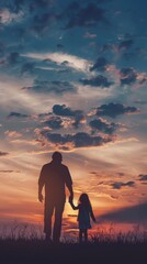 Sticker - silhouette father with little daughter walk at sunset. father's day background concept