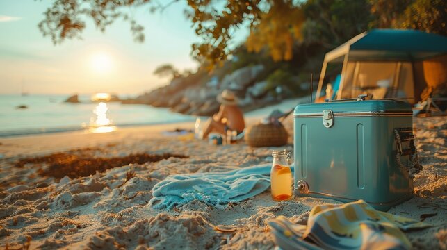 Serene beach camping scene at sunset with a cooler and tent in view, evoking a tranquil and relaxed atmosphere on a wonderful beach getaway.