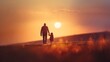 © Palung - silhouette father with little daughter walk at sunset. father's day background concept