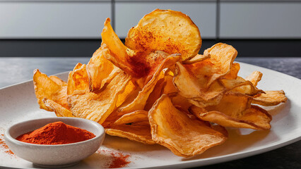 Wall Mural - Homemade air-fried potato chips with paprika. Healthy snack American cuisine concept