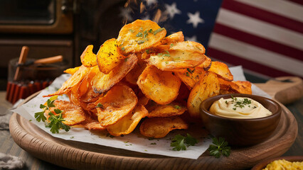 Wall Mural - Homemade air-fried potato chips with paprika. Healthy snack American cuisine concept