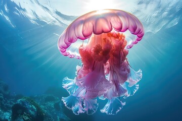 Wall Mural - pink jellyfish dive on under water of sea