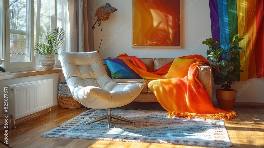An interior of a home with a cozy, inviting room that has a rainbow ...